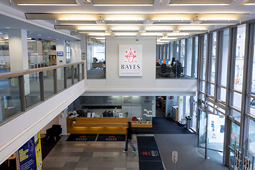 Bayes reception at Bunhill Row, a large open atrium with high ceelings